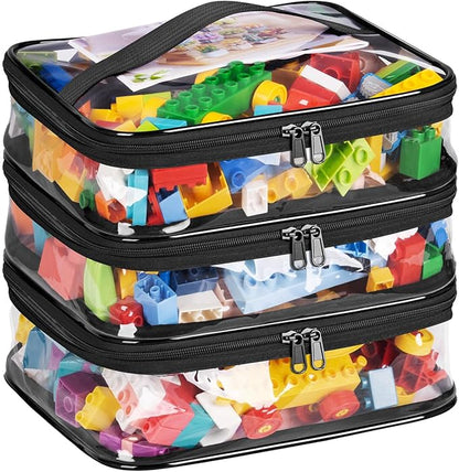 MISSLO 3-Layer Lego Storage Organizer with 3 Manual Pockets Clear Lego Storage Bag for Toys, Puzzles, Bricks, Building Blocks, Crafts (Black)