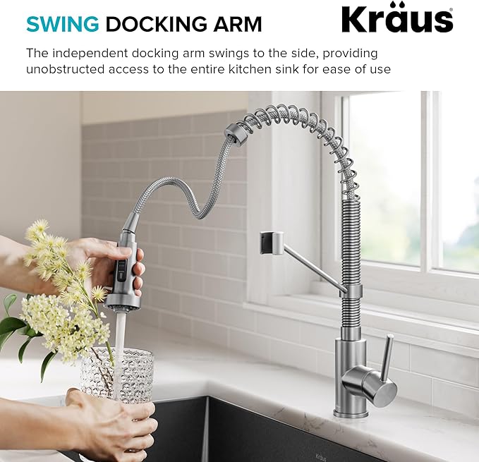 Kraus KPF-1610SSMB Bolden 18-Inch Commercial Kitchen Faucet with Dual Function Pull-Down Sprayhead in All-Brite Finish, Stainless Steel/Matte Black