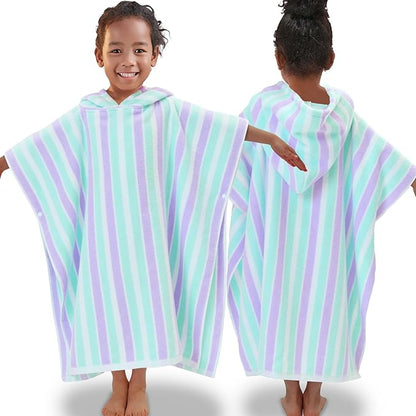 VOOVA & MOVAS Poncho Towels for Kids Absorbent - (4-8Years) - Quick Dry Lightweight Cotton Hooded Towel Robe for Pool | Swim | Beach | Bath, Aqua Purple Stripe