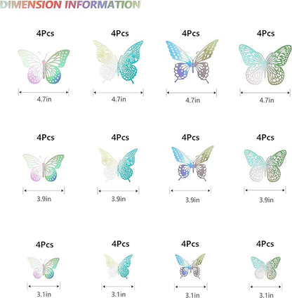 SAOROPEB 3D Butterfly Wall Decor 48 Pcs 4 Styles 3 Sizes, Butterfly Birthday Decorations Butterfly Party Decorations Cake Decorations, Removable Stickers (Laser)