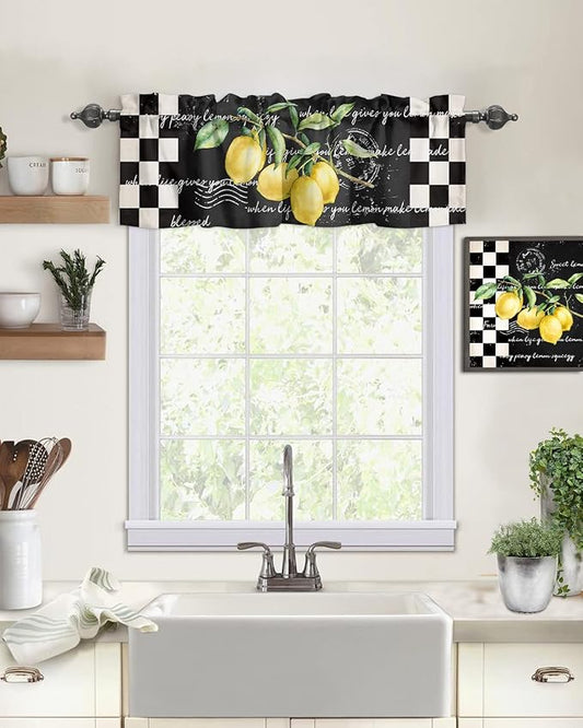 Vandarllin Summer Tropical Lemon Kitchen Curtains Valances for Windows Buffalo Plaid Black White Rod Pocket Window Treatment for Kitchen/Living Room/Bedroom/Bathroom,60" X 18" -1 Panel,