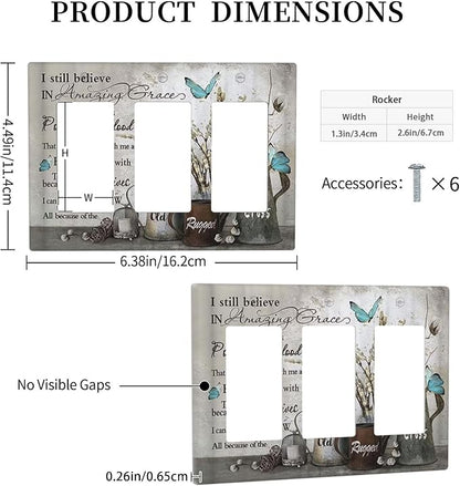 Blue Butterfly Rustic Flower Inspirational Quotes 3 Gang Rocker Light Switch Covers Triple Outlet Wall Plate Decorative Switchplate Cover Faceplate GFCI for Farmhouse Country Bedroom Kitchen Decor
