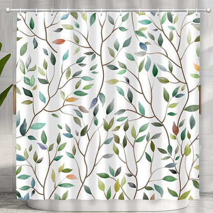 Boho Sage Green Floral Shower Curtain, Spring Summer Colorful Botanical Flower Leaves Bohemian Fabric Shower Curtain Set with 12 Hooks, Bathroom Accessories Decor Cloth Curtain 72x72 Inches