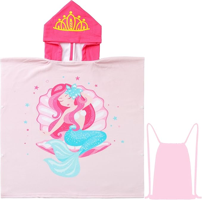 NovForth Kids Beach Towel for Boys Girls, Pink Mermaid Hooded Bath Towel Wrap, Toddler Pool Towel with Hood