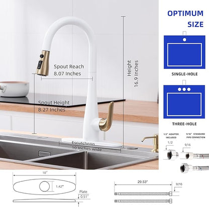 Kitchen Faucet with Soap Dispenser and Pull Down Sprayer - Stainless Steel Single Handle Kitchen Sink Faucet, 1 or 3 Hole Design for Modern Farmhouse Kitchens, Rv, and Bar Sinks (Whit and Gold)