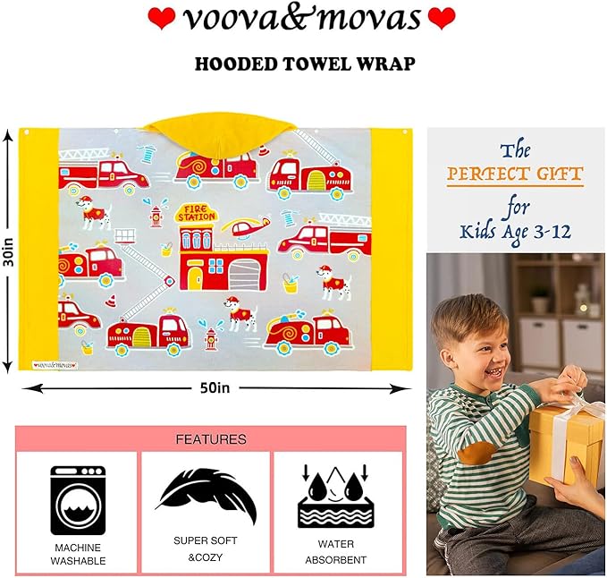 VOOVA & MOVAS Kids Bath Towels for Boys, Ages 3-10 | Soft Thick Absorbent Cotton, Beach | Pool | Bath Hooded Towels, Yellow Fire Truck