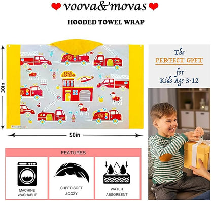 VOOVA & MOVAS Kids Bath Towels for Boys, Ages 3-10 | Soft Thick Absorbent Cotton, Beach | Pool | Bath Hooded Towels, Yellow Fire Truck