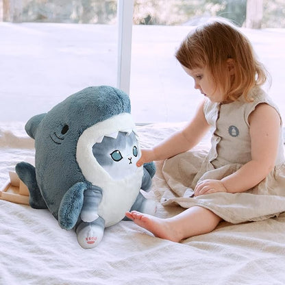 Kawaii Shark Cat Plush Toy Stuffed Animal Doll, Cute Soft Pillow Stress Release Hugs Toys Christmas Halloween Birthday Gifts for Kids Boys Girl Best Gift (Blue - Grey,19 inch)