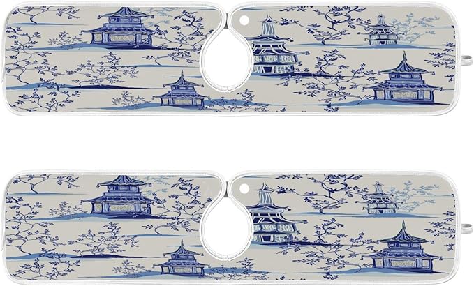Kitchen Faucet Absorbent Mat, Ink Chinese Pagodas Trees Water Splash Guard for Sink, Faucet Drip Catcher Thicken Sponge Microfiber Faucet Water Catcher Mat Sink Absorbent Mat for Kitchen 14x5in 2Pack