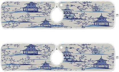 Kitchen Faucet Absorbent Mat, Ink Chinese Pagodas Trees Water Splash Guard for Sink, Faucet Drip Catcher Thicken Sponge Microfiber Faucet Water Catcher Mat Sink Absorbent Mat for Kitchen 14x5in 2Pack