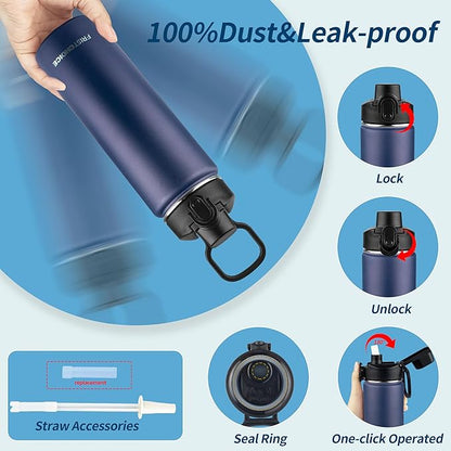 Insulated water bottle with Straw,24oz Stainless Steel Water Bottle for Adult Kids,Double Wall Vacuum Wide Mouth Insulated Water Bottle for Sports,BPA-free and Leak-proof（24oz,Navy blue）