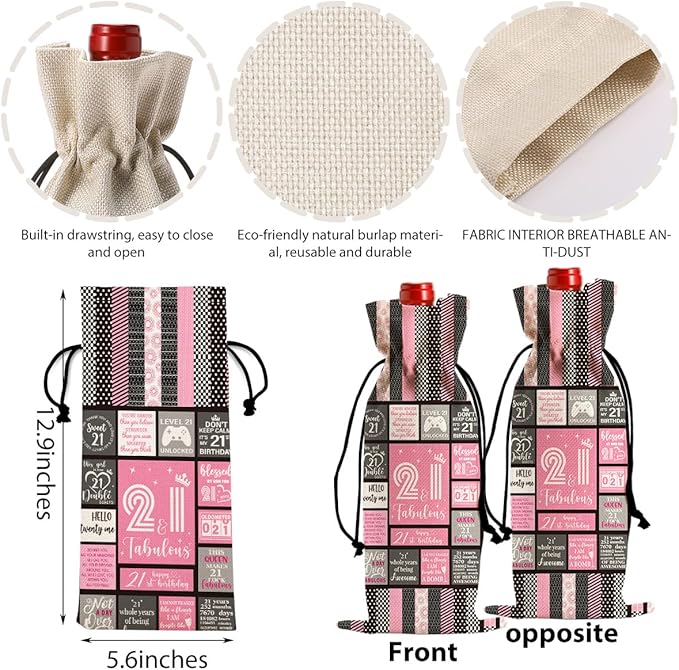 Cool 21st Birthday Gifts for Her Him Wine Bag, 21 Year Old Birthday Gifts for Her Women Men, Happy Anniversary 21st Birthday Party Decorations for Her Him Wine Bags