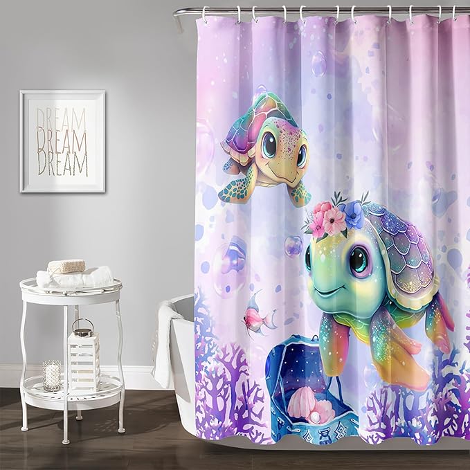 AILONEN Kawaii Sea Turtle Shower Curtain,Tie Die Ocean Animal Themed Bath Curtain Cloth Fabric Bathroom 48" W*72" H Inch,12 Pack Hooks for Kids,Sea Animal with Treasure Box Bathroom Curtain