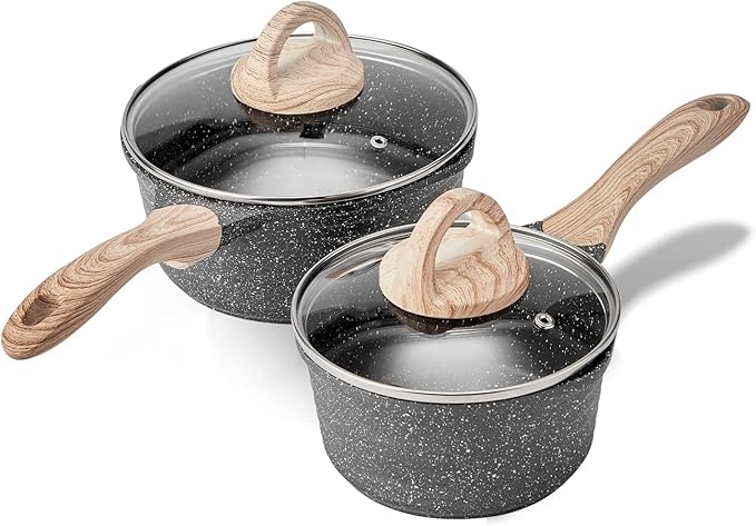 JEETEE Pots Nonstick, 1.5 Quart & 2.5 Quart Induction Granite Coating Saucepan Sets with Glass Lid & Pour Spout, PFOA Free (Grey, 4pcs Pots Set)