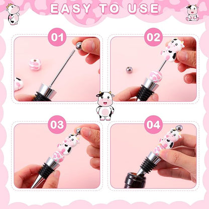 Gisafai 12 Set Cow Beadable Wine Stoppers Thank You Wedding Favors for Guests Decorative Beaded Wine Bottle Stopper with Cow Beads Organza Bag Tag for Wedding Cow Party Favor Baby Shower Gifts
