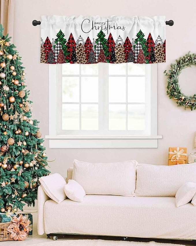 Merry Christmas Valance Curtains for Kitchen Windows Buffalo Plaid Xmas Tree Winter Forest Farmhouse Rod Pocket Window Treatment Toppers for Kitchen/Living Room/Bedroom/Bathroom, 54" X 18",Red Green