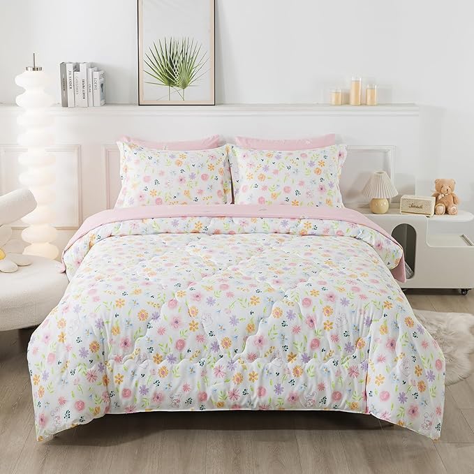 Wajade Floral Comforter Set Bed in A Bag Twin Size 7 Piece Pink Botanical Flower and Green Leaves Bedding Set for Girls (1 Comforter, 1 Flat Sheet, 1 Fitted Sheet, 2 Pillowcase and 2 Pillow Sham)
