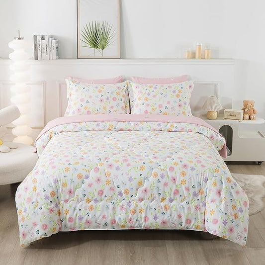 Wajade Floral Comforter Set Bed in A Bag Twin Size 7 Piece Pink Botanical Flower and Green Leaves Bedding Set for Girls (1 Comforter, 1 Flat Sheet, 1 Fitted Sheet, 2 Pillowcase and 2 Pillow Sham)