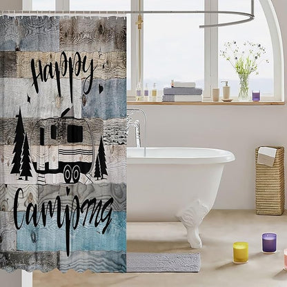 Feelyou Camper Shower Curtain Camping Bathroom Shower Curtain Set Happy Camping Bath Curtain for Kids Boys Girls Camping Car Kids Bathroom Accessories 72"x78"