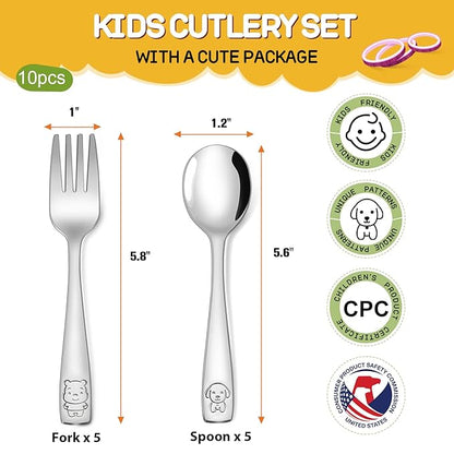 VITEVER 10-Piece Toddler Utensils, Kids Stainless Steel Silverware Set, Children Safe Forks and Spoons - Mirror Polished, Dishwasher Safe