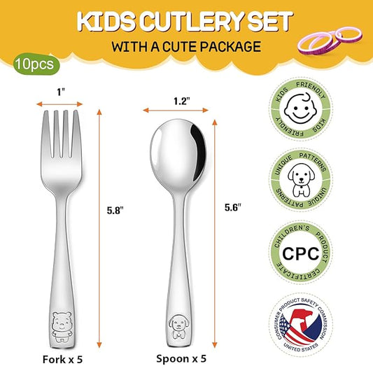 VITEVER 10-Piece Toddler Utensils, Kids Stainless Steel Silverware Set, Children Safe Forks and Spoons - Mirror Polished, Dishwasher Safe