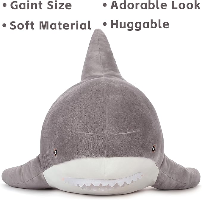 MorisMos Grey Shark Plush Toy, 51in Stuffed Animal, Giant Shark Stuffed Toy for Kids, Cuddly Plush, Birthday, 51 inch