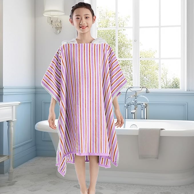 VOOVA & MOVAS Big Kids Poncho Towels with Hood - Girl | Teens (8-16Years) Hooded Pool Towel, Large and Absorbent Cotton Towel Robe - Versatile for Pool, Beach,Swim, and Bath, Orange&Purple