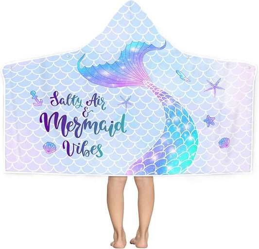 Mermaid Kids Hooded Beach Towel, Mermaid Tail Microfiber Hooded Poncho Towel for Girls 30”x50”, Mermaid Scales Pink Soft Absorbent Bath Towels Bathrobe with Hood for Swin Pool
