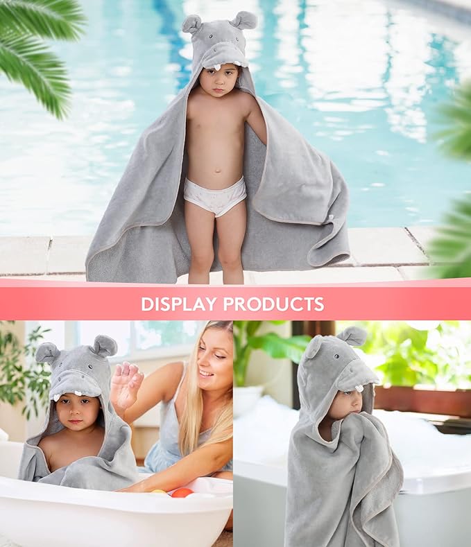 Hooded Towel for Kids 100% Cotton Ultra Soft with Unique Animal Design Large for Infants 3-10 Years (Hippo)