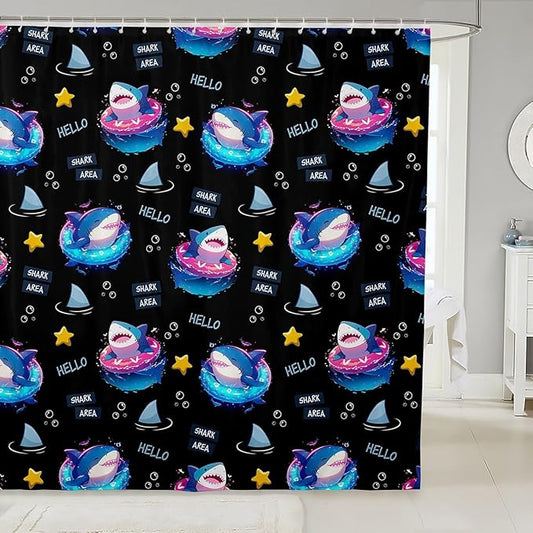Feelyou Cute Shark Bathroom Waterproof Accessories with 12 Hooks Under Sea Animals Themed Fabric Shower Curtain for Kids Boys Girls Yellow Stars Shower Curtain Black and Blue Curtains,72X78 Inches
