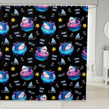 Feelyou Cute Shark Bathroom Waterproof Accessories with 12 Hooks Under Sea Animals Themed Fabric Shower Curtain for Kids Boys Girls Yellow Stars Shower Curtain Black and Blue Curtains,72X72 Inches