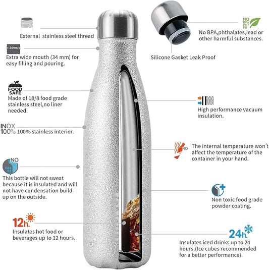 BJPKPK Insulated Water Bottles -17oz/500ml -Stainless Steel Water Bottles,Sports Water Bottles Keep Cold for 24 Hours and Hot for 12 Hours,BPA Free Water Bottle,Glitter Silver