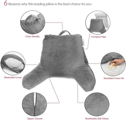 Nestl Reading Pillow for Kids, Small Bed Pillow, Back Pillow for Sitting in Bed, Memory Foam Chair Pillow, Reading & Bed Rest Pillows, Grey Back Pillow for Bed, Arm Pillow with Pockets