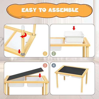 Sensory Table with 2 Stools, Wooden Kids Sensory Tables with Double-Side Board & 2 Storage Bins for Toddlers 1-3, Multipurpose Sensory Table for Boys and Girls Indoor/Outdoor Classroom Use