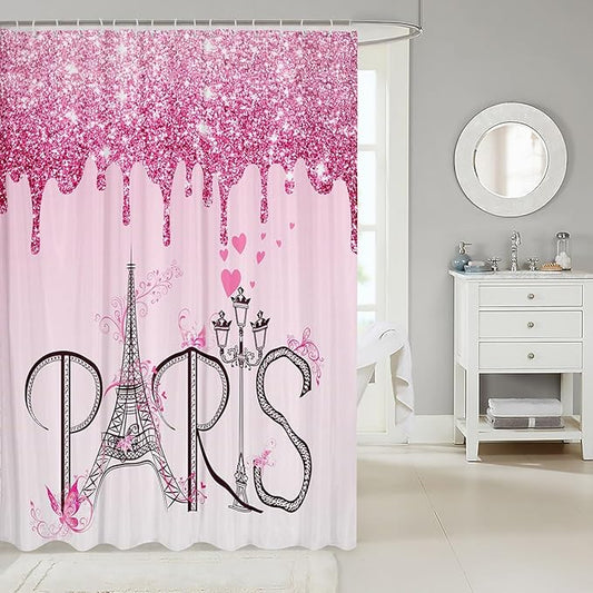 Feelyou Eiffel Tower Shower Curtain 72"x72" Glitter Romantic Paris Bathroom Shower Curtain Set for Boys Girls Teens Ombre Pink Butterfly Bath Curtain Modern French Bathroom Accessories(No Glitter)