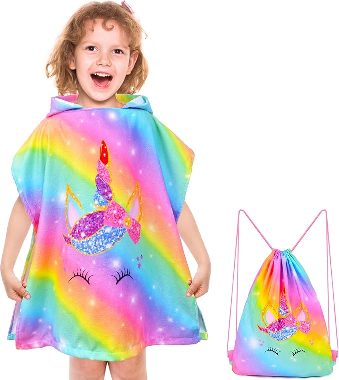 Bath Beach Pool Towel with Hood for Kids Girls, Hooded Towels Swim Poncho Towel Cover-ups for 3-8 Years with Drawstring Bag, Super Absorbent, 24 in x24 in (Rainbow Unicorn)