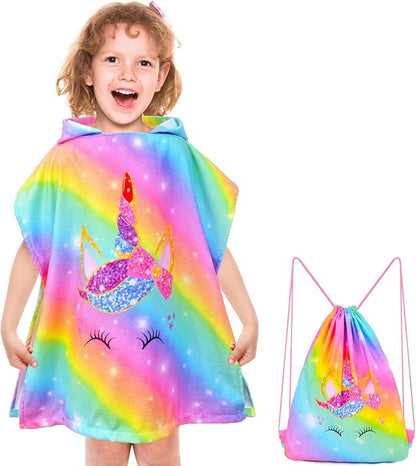 Bath Beach Pool Towel with Hood for Kids Girls, Hooded Towels Swim Poncho Towel Cover-ups for 3-8 Years with Drawstring Bag, Super Absorbent, 24 in x24 in (Rainbow Unicorn)