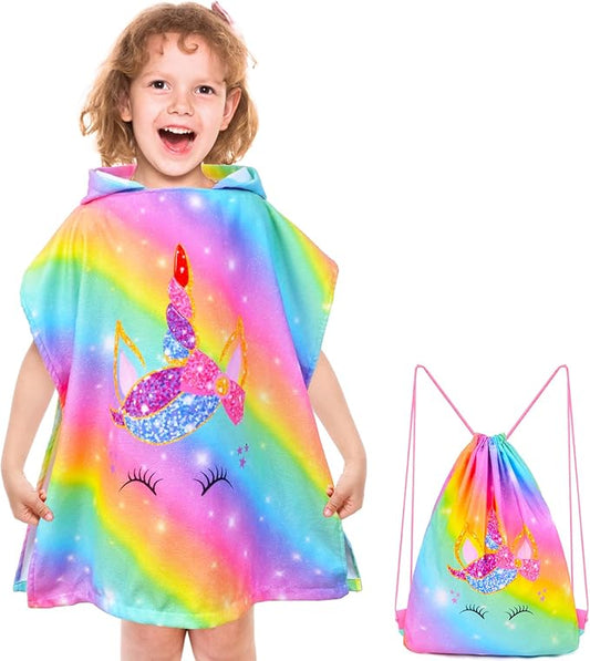 Bath Beach Pool Towel with Hood for Kids Girls, Hooded Towels Swim Poncho Towel Cover-ups for 3-8 Years with Drawstring Bag, Super Absorbent, 24 in x24 in (Rainbow Unicorn)