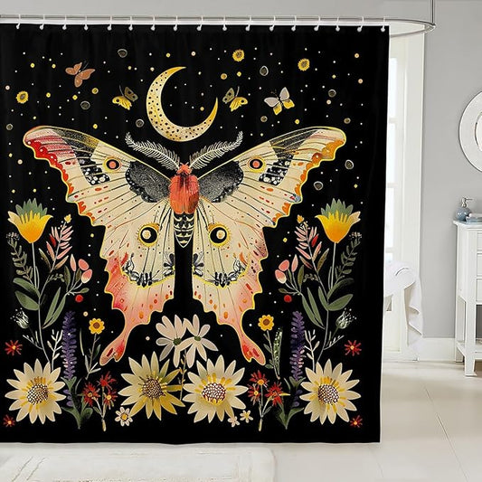 Feelyou Boho Butterfly Fabric Shower Curtain Bohemian Moth Shower Curtain for Kids Boys Girls Moon Galaxy Bathroom Waterproof Accessories with 12 Hooks Flower Weed Botanical Curtains,72X72 Inches