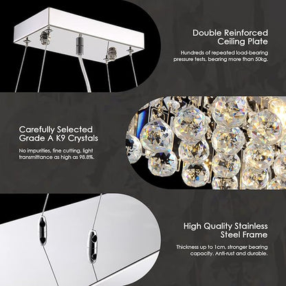 Siljoy 10-Light Modern Crystal Chandelier for Dining Room, Rectangular K9 Crystal Raindrop Chandelier, Rectangle Pendant Ceiling Light Fixture for Living Room Kitchen Island L47'' x W10'' x H10''
