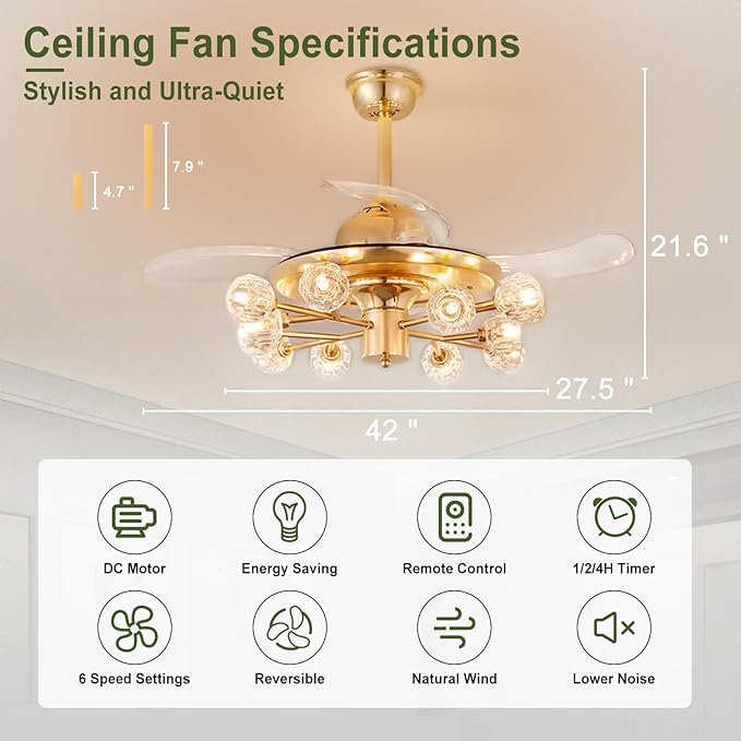 42" Chandelier Ceiling Fans with Lights: 12-Light Sputnik Ceiling Fan Crystal Chandeliers - Modern Retractable Fandelier Ceiling Fan for Bedroom Living Room - Gold Fandelier with Lights