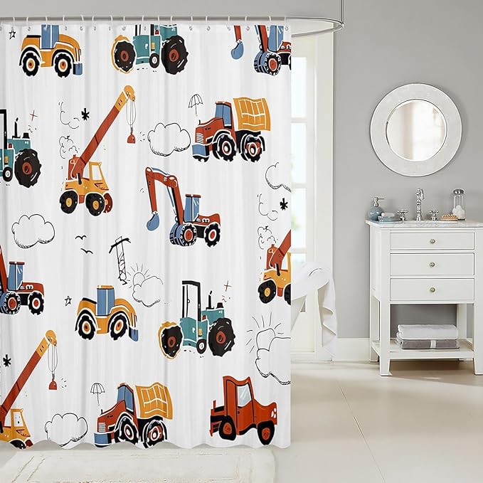 Feelyou Excavator Bathroom Shower Curtain Set Construction Vehicles Bath Curtain Equipment Trucks Shower Curtain Cartoon Car Kids Bathroom Accessories 72"x84"