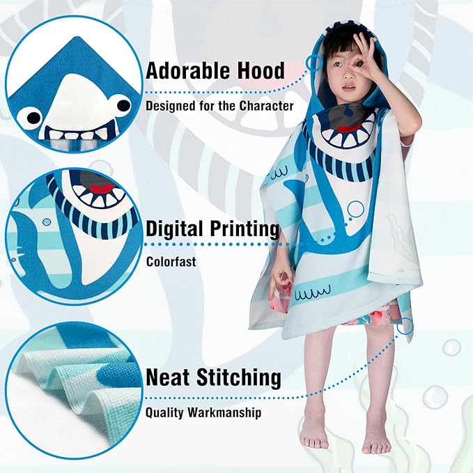 Hooded Kids Beach Towels - Toddler Bath Towel Girls Boys Swim Cover-ups for Ages 1 to 6 Kids Pool Towels Quick Dry Lightweight Soft Microfiber Poncho Towel 24x23(Shark SkyBlue)