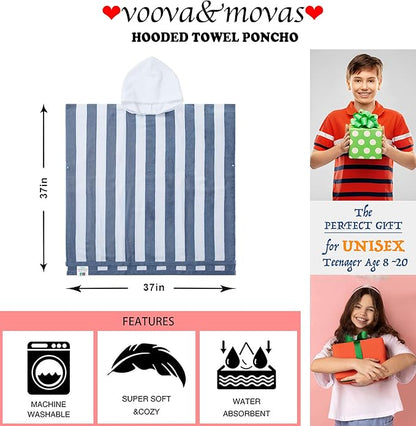 VOOVA & MOVAS Hooded Beach Towel Poncho for Teens (8-16Years), 100% Cotton Thick Surf Poncho Towel Robe for Kids, Perfect for Pool, Beach, Bath Activities and Gifts,Blue Grey Cabana Stripe