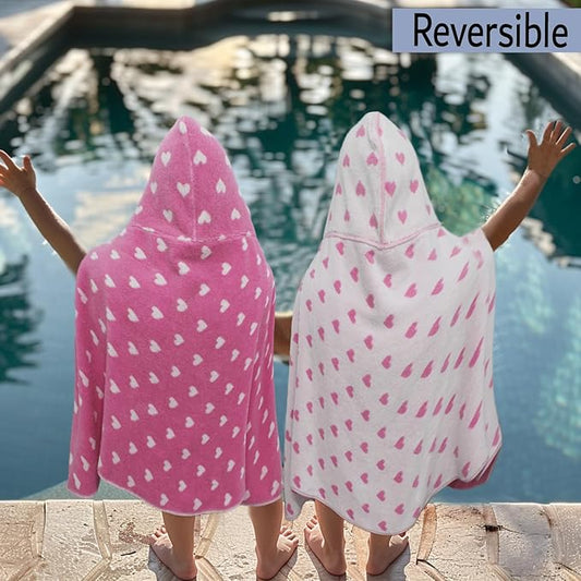 Hooded Bath Towel Wrap - 100% Cotton Jacquard Reversible Large Hooded Hearts Kids Towel - Toddler Shower Pool Beach Towel - Soft Plush Absorbent Quick Dry Easy Care Gift - 26 x 50 - Pink