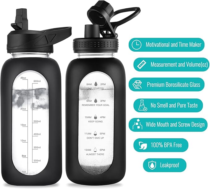 32 oz Glass Water Bottle with Straw and Handle, Sports Motivational Water Flask with Silicone Sleeve, Large Leakproof Water Flask Cup with Time Marker for Travel, Gym, Sky Blue