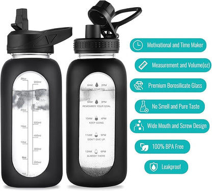 32 oz Glass Water Bottle with Straw and Handle, Sports Motivational Water Flask with Silicone Sleeve, Large Leakproof Water Flask Cup with Time Marker for Travel, Gym, Sky Blue