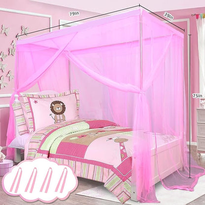 South to East Princess Canopy Bed Curtains for Girls Kids Bed Canopy for Girls 4 Post Bed Curtains Princess Bed Canopy for Girls Room Decor Twin Size Pink, 79" * 39" * 75"
