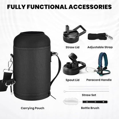 Insulated Water Bottle 64 oz, Triple Wall Vacuum Stainless Steel (Cold for 48 Hrs), Leak Proof & Non-BPA, Half Gallon Water Flask Jug with Paracord Handle & Straw Spout Lids, Cyan Blue