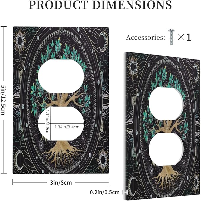 Tree of Life 1 Gang Outlet Plate Covers Decorative Single Duplex Wall Plate Hippie Sun Moon Star Electrical Receptacle Light Switch Cover Art Faceplate Switchplate for Bathroom Living Room Decor